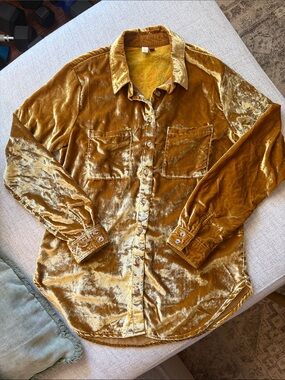 Pilcro Anthropologie Mustard Crushed Velvet Button Down Shirt XS